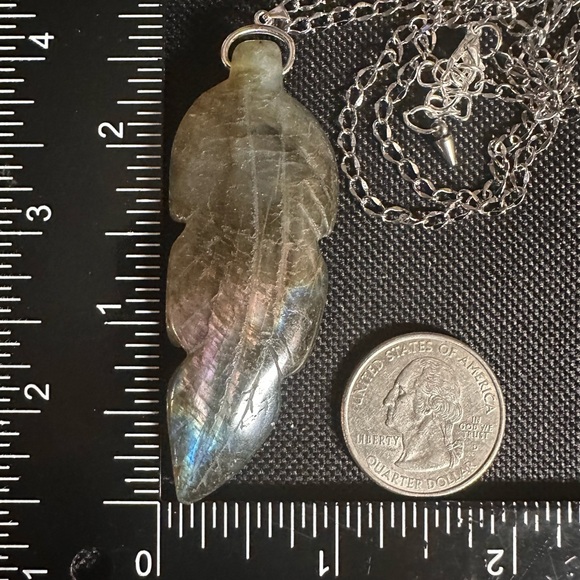 Long Rainbow Flash Labradorite Leaf Pendant Necklace on Stainless Steel Chain - Picture 8 of 13